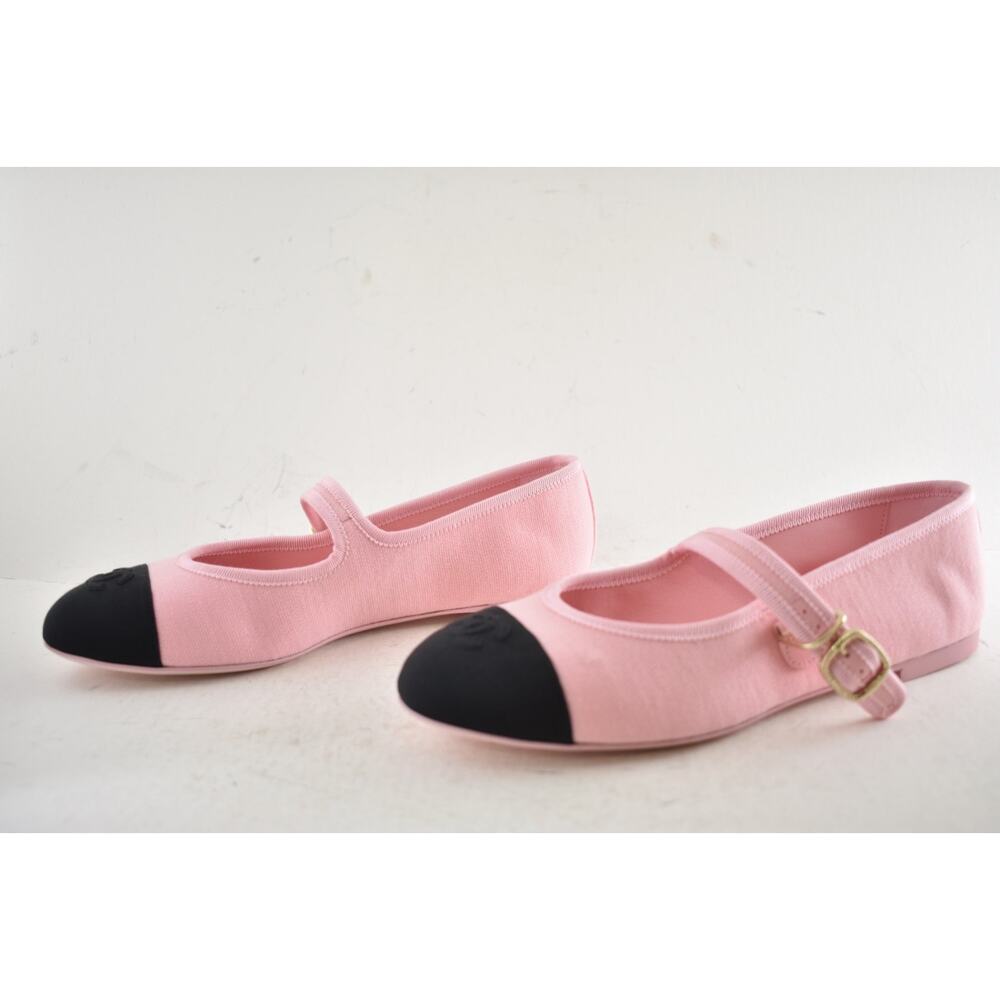Chanel 25S Pink Fabric Black CC Logo Mary Jane Strap Ballerina Ballet Flat 37 - Picture 13 of 16